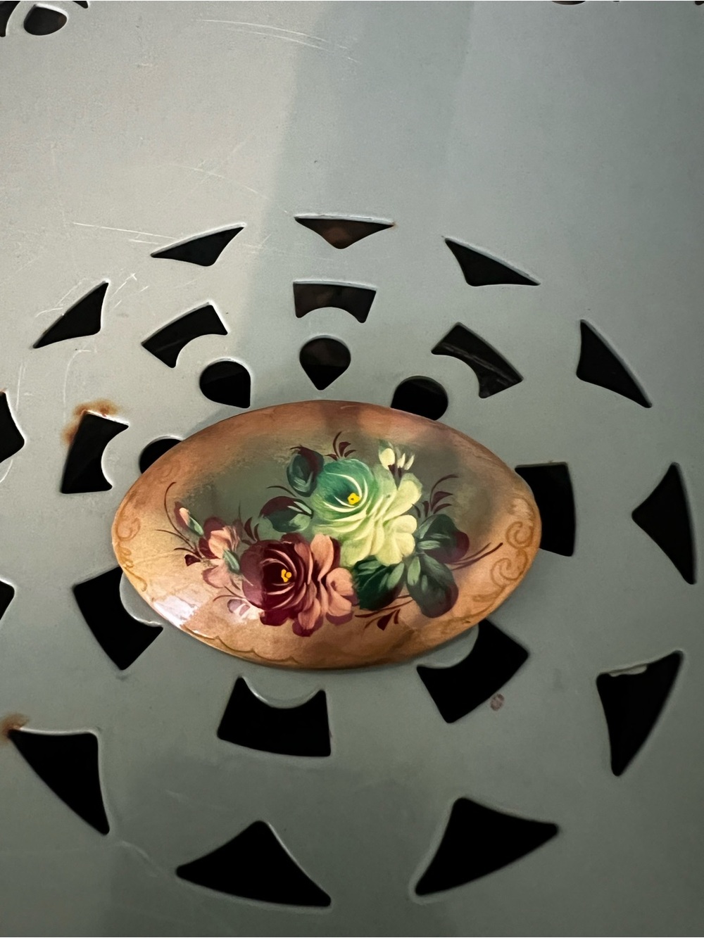 Hand-Painted Floral Oval Brooch in Green, Pink, Cream